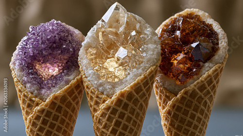 A high-resolution, conceptual creative study featuring three ice cream cones where the scoops are replaced by vibrant, sparkling amethyst, quartz, and amber crystals.