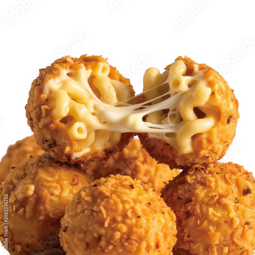 Crispy golden brown deep fried macaroni and cheese balls with melted gooey cheese stretching between two halves, isolated on a white background
