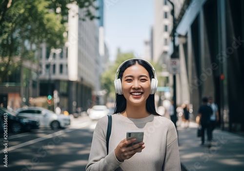 A joyful young lady wearing over the ear headphones walks through a busy downtown metropolitan street while happily checking her mobile device during a sunny afternoon commute to her office