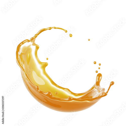 Dynamic splash of orange liquid, possibly juice or syrup, forming a circular wave shape isolated on a white background, for food and, drink concepts