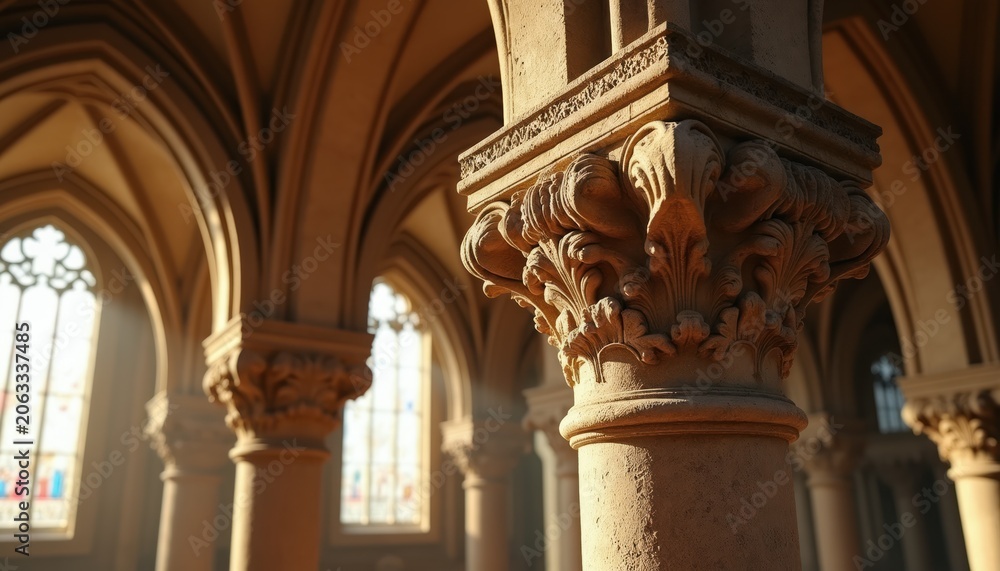 Obraz premium Close view of ornate stone column capital in gothic cathedral interior. Sunlight streams through arched windows with stained glass, illuminating architecture.