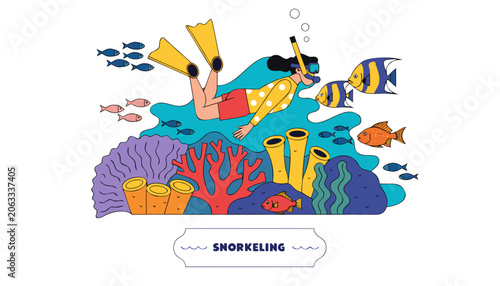 Tableau sur toile Very beautiful colorful vector illustration featuring a SNORKELER floating above