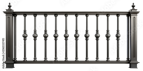 Classic black metal balustrade railing with ornate spindles and decorative finials for architectural staircase or balcony safety isolated on a transparent background