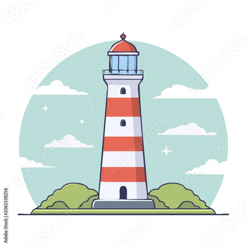 Red and white lighthouse illustration with sky and bushes