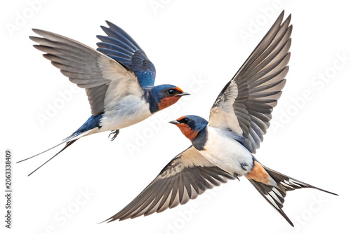 Two barn swallows flying together in mid-air displaying vibrant blue and orange plumage with spread wings captured in dynamic flight motion isolated on a transparent background