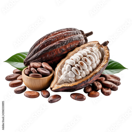 Fresh cocoa pods, one whole and one split open to reveal white pulp and seeds, with a wooden bowl of brown cocoa beans, isolated on white