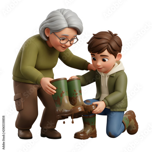 Grandmother and grandson cleaning muddy boots