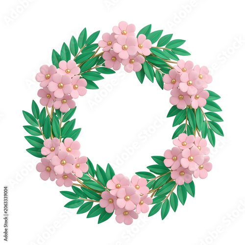 Pink flower and green leaf wreath with gold accents