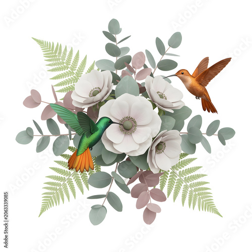 Realistic Flowers and Hummingbird Floral Arrangement