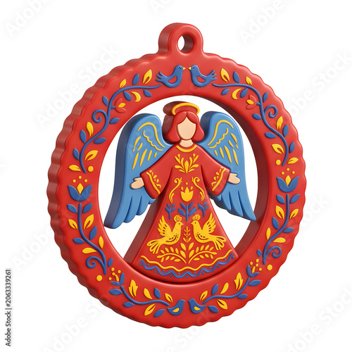 Red Angel Ornament with Birds and Foliage