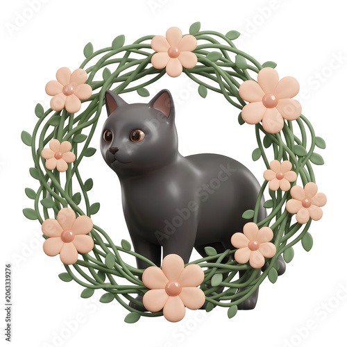 Stylized 3D Cat in a Floral Wreath