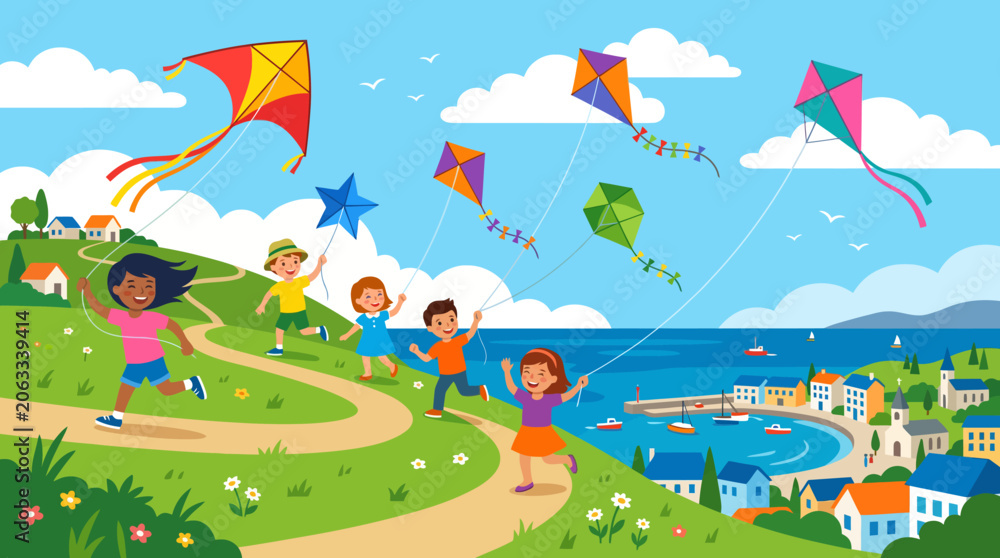 Obraz premium Group of Diverse Happy Children Running Along a Sunny Coastal Hillside Path While Flying Colorful Kites on a Beautiful Summer Vacation Day