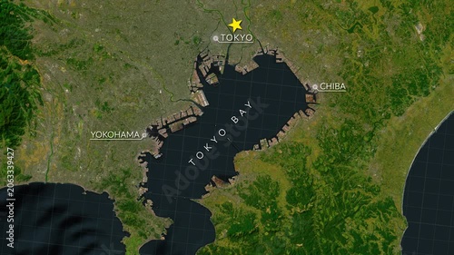 Tokyo Bay Satellite Map Animation with Tokyo, Yokohama and Chiba Labels 4K