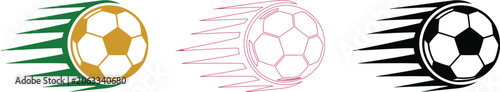 Collection of soccer balls in motion with dynamic lines in green, pink, and black colors