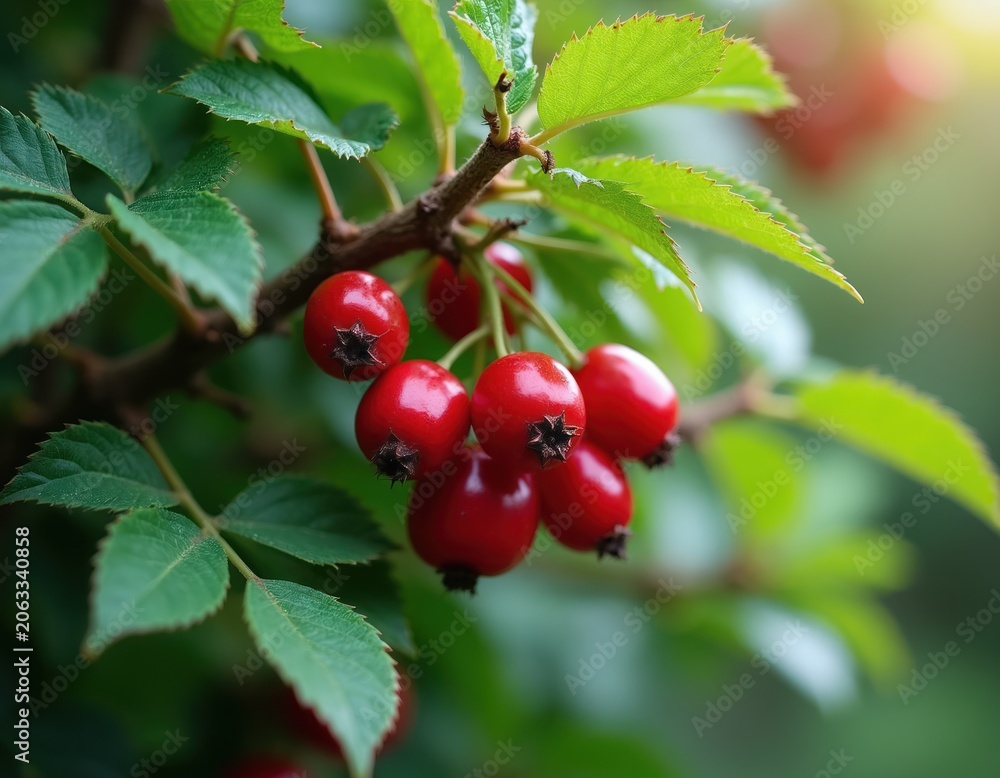 Obraz premium Bright red berries grow on a thorny branch with green leaves. Ripe wild fruit clusters ripen in sunlight. Healthy food nature close up, autumn harvest season detail.