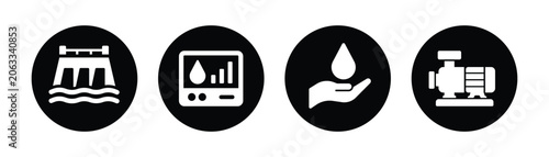 Tableau sur toile Water Infrastructure and Utility Service Icons Vector Set Featuring Dam, Monitor