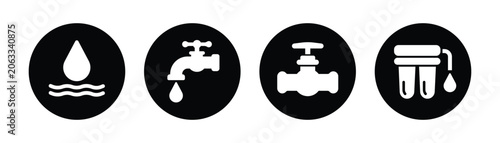 Bild auf Leinwand Water Utility and Plumbing Icons Vector Set Featuring Droplet, Faucet, Valve and