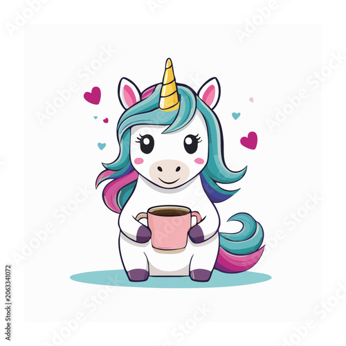 Cute cartoon unicorn holding a coffee cup