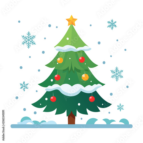 Flat design Christmas tree with ornaments and snowflakes