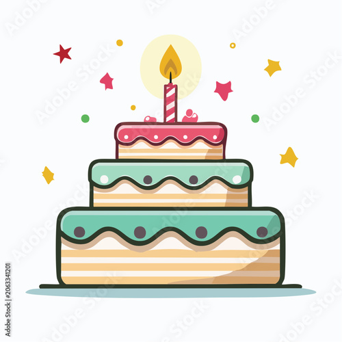 Three Tier Birthday Cake with Candle and Confetti