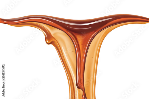 Rich brown chocolate sauce or syrup dripping down, smooth glossy liquid texture, sweet dessert topping flowing on a solid black background