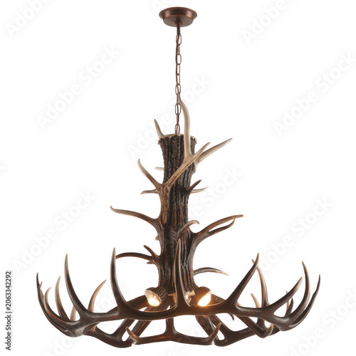 Rustic chandelier made from natural deer antlers with two glowing light bulbs, hanging from a metal chain on a solid