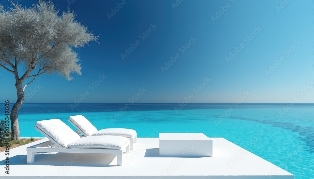 Obraz premium White lounge chairs and modern table sit on a deck overlooking a bright turquoise ocean under a clear blue sky. A lone tree stands beside the deck, offering a touch of nature to this serene seascape.