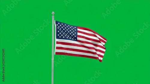 Waving american flag attached to a metallic pole isolated against a vibrant green screen background for easy keying during digital post production editing and design work