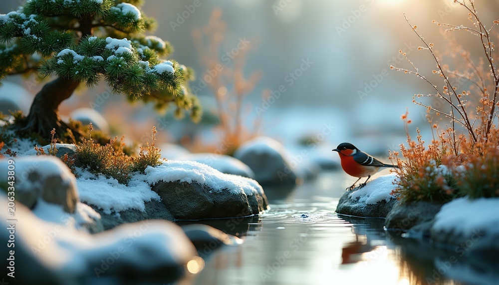 Obraz premium Small bird perches on snow covered rock near stream. Evergreen bonsai tree and dry plants surround water. Winter light illuminates tranquil nature scene. Peaceful cold environment.