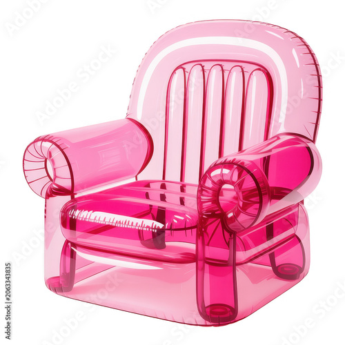 Transparent pink inflatable armchair with a glossy plastic texture, isolated on a white background, for furniture catalog, or interior decor