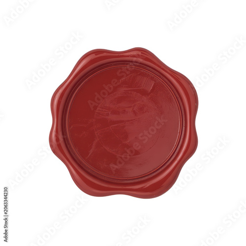 A round red wax seal with a subtle embossed circular pattern in the center and wavy edges, isolated on a white background, for use