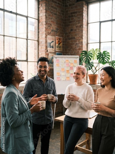 A diverse group of four colleagues are enjoying a lively conversation during a break in a modern office space. They are all holding coffee cups and smiling.