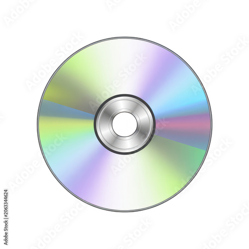 A single compact disc with a reflective iridescent surface showing a rainbow spectrum of colors, shown from a view on a white background