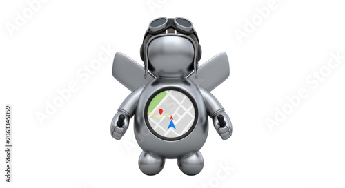 Silver robot with navigation map on chest