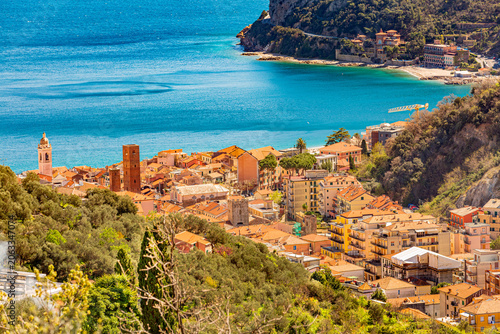  Aerial panoramic view of Noli, Liguria, province of Savona, Italy. Riviera dei Fiori. Fishermen's Beach. Maritime Republic