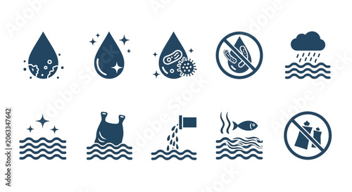 Slika na platnu Water icons, eco symbols, conservation signs, blue vector graphics