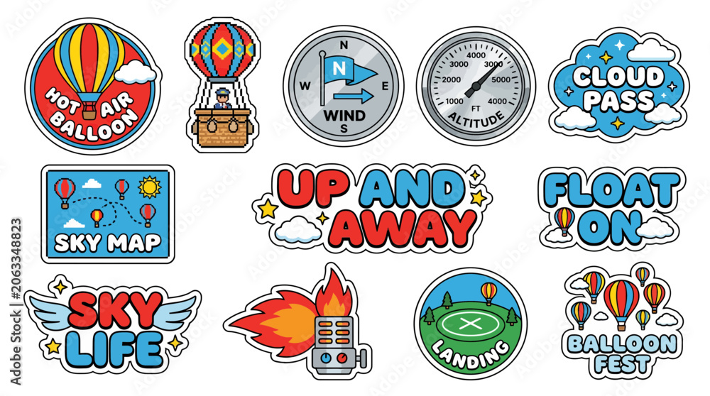 Naklejka premium A vibrant y2k sticker pack featuring hot air balloons in an aesthetic sky with various travel and adventure-themed stickers.