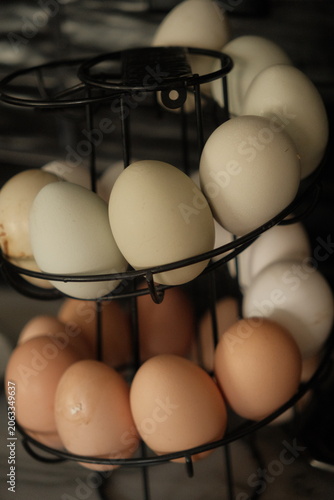 Multi colored farm fresh eggs on a spiral rack