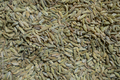 Macro close-up full frame background texture of dried organic fennel seeds.
