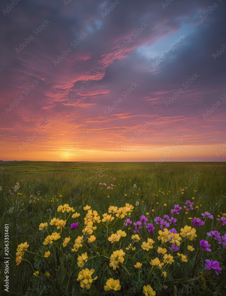 Obraz premium colorful wildflower meadow at sunset under dramatic pink sky landscape