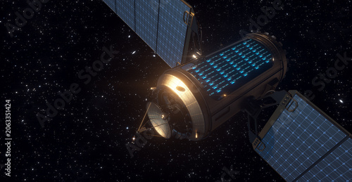 Satellite with servers training AI. CGI representation.