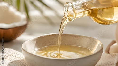 Oil Pouring Into Bowl on Kitchen Counter