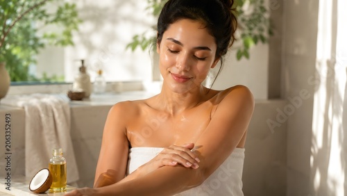 Woman Applying Lotion in a Bright Bathroom with Plants