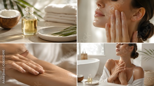 Woman Applying Skincare in a Spa Setting with Oil and Towels