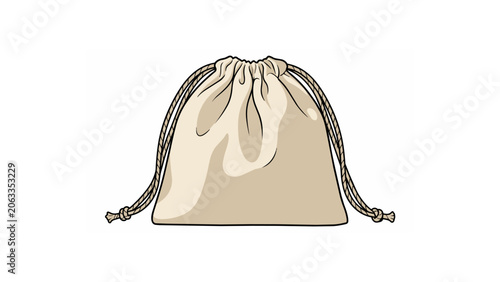Beige canvas drawstring pouch bag illustration isolated on white background for storage and packaging design