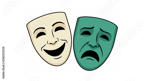 Two theater masks, one happy and one sad, representing the duality of emotions and the art of performance