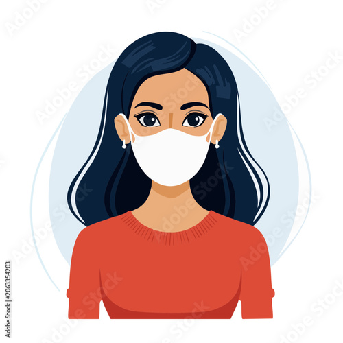 Woman in red shirt wearing white face mask illustration