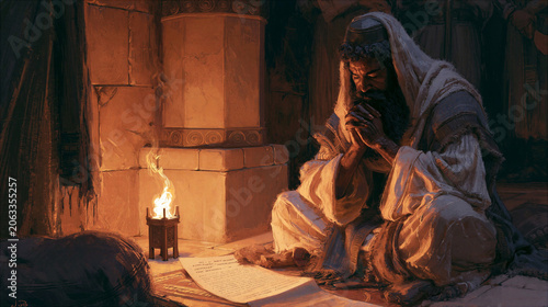 Hezekiah spreading a letter before God in the temple, intense prayer, photorealistic
