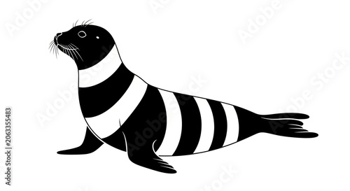 Illustration of a stylized seal with black and white stripes.