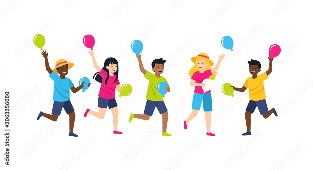 Fototapeta premium Children of diverse youth celebrate friendship with balloons in a sunny park